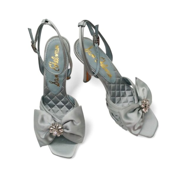 Sam Edelman Lexi Size 9 Cape Blue Satin Embellished Bow Ankle Strap Dress Sandal - Picture 7 of 16